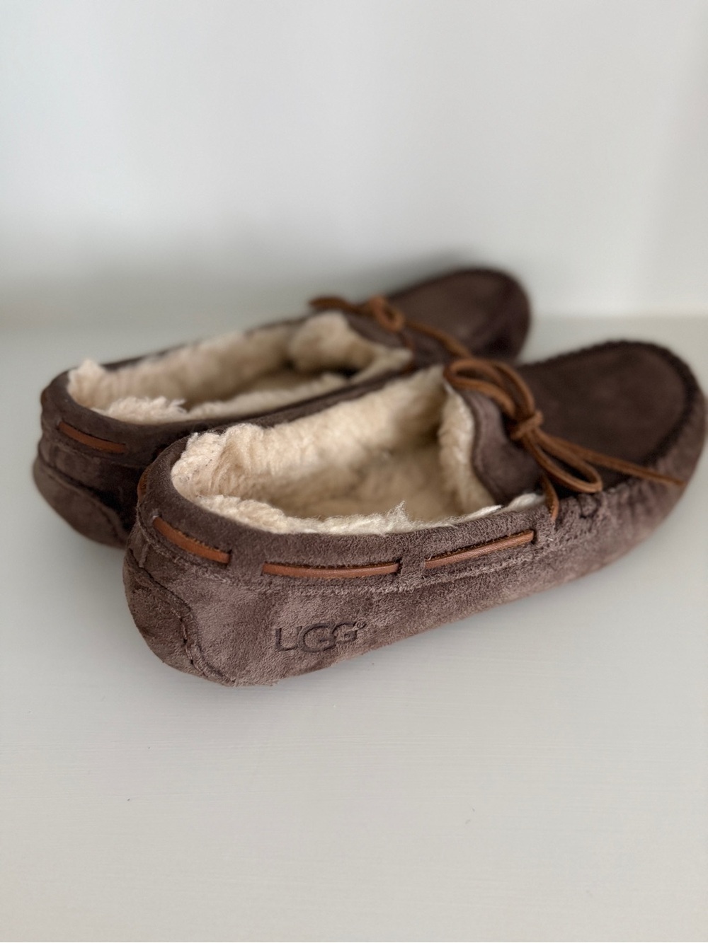 UGG Brown Suede Shearling Moccasins with Leather Bow - Picture 2 of 7